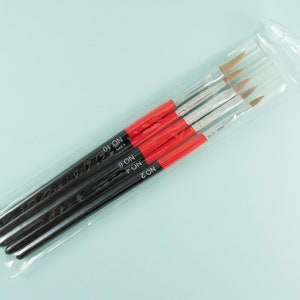 May include: A pack of five paint brushes in a clear plastic sleeve. The brushes have black handles with red accents and silver ferrules. The brush tips are light brown. The numbers 2, 4, 6, and 10 are printed on the handles.