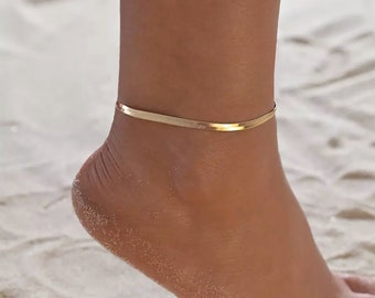 Dainty Flat Chain Anklet, Snake Chain Anklet, 14K Gold Herringbone Chain Anklet, Ankle Bracelet Silver, Rose Gold Anklet, Layering Anklet