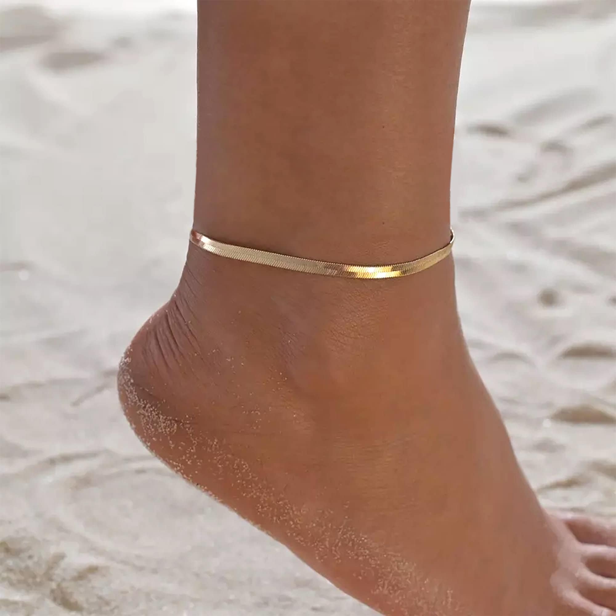 Dainty Flat Chain Anklet, Snake Chain Anklet, 14K Gold Herringbone