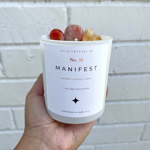 Manifest Crystal Candle | Crystal Candle| Hand Poured Soy Candle| Scented Candle| Crystal Infused | Perfect Gift| 8 oz| Oula Crystal Co