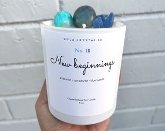 New Beginnings Crystal Candle | Crystal Candle| Hand Poured Soy Candle| Scented Candle| Crystal Infused | Perfect Gift| 8 oz| Oula Crystal