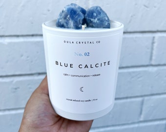 Blue Calcite Crystal Candle| Healing| Hand Poured Soy Candle| Scented| Crystal Infused Candle| Perfect Gift| 8oz| Oula Crystal Candle