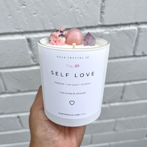 Self Love Crystal Candle | Love Candle Intentional| Healing| Spiritual Soy Candle| Crystal Infused Candle| Gift| 8 oz Oula Crystal Candle