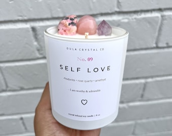 Self Love Crystal Candle | Love Candle Intentional| Healing| Spiritual Soy Candle| Crystal Infused Candle| Gift| 8 oz Oula Crystal Candle