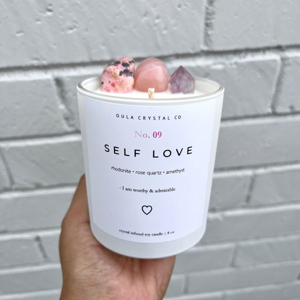 Self Love Crystal Candle | Love Candle Intentional| Healing| Spiritual Soy Candle| Crystal Infused Candle| Gift| 8 oz Oula Crystal Candle
