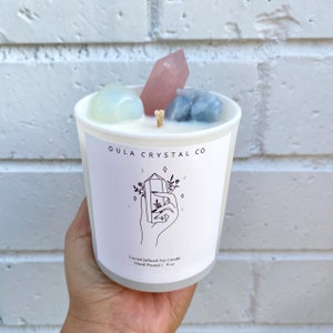 Crystal Tower Candle| Rose Quartz Tower| Intentional| Healing| Spiritual Soy Candle| Crystal Infused Candle| Gift| 8 oz Oula Crystal Candle