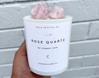 Rose Quartz Crystal Candle| Intentional| Healing| Spiritual Soy Candle| Crystal Infused Candle| Gift| 8 oz Oula Crystal Candle