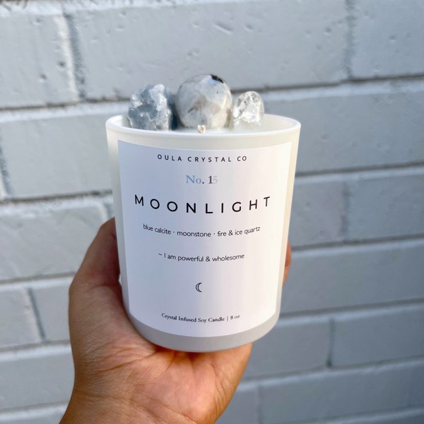 Moonlight Candle| Crystal Candle| Hand Poured Soy Candle| Scented Candle| Crystal Infused Candle| Perfect Gift| 8 oz| Oula Crystal Candle