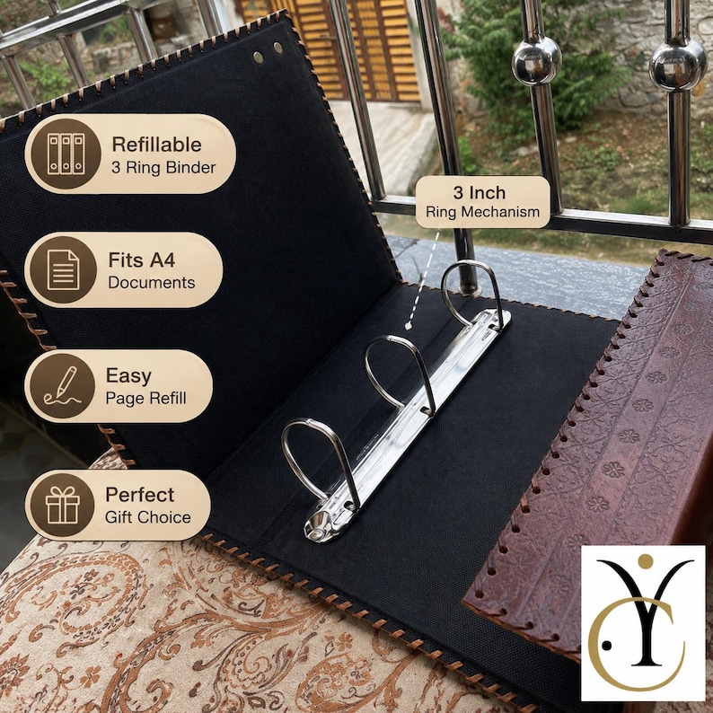 May include: A dark brown leather 3-ring binder with a decorative stitched edge and a black interior. The binder features a metal 3-inch ring mechanism. Text on the image includes Refillable 3 Ring Binder, Fits A4 Documents, Easy Page Refill, and 3 Inch Ring Mechanism.