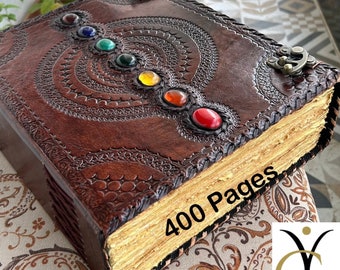 Handmade Leather Journal: Seven Stone Chakra Book of Shadows (400 Pages)