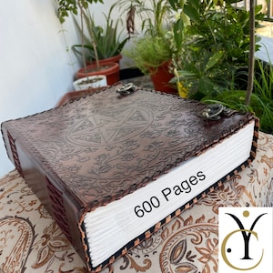 Handgefertigtes 200/400/600 Seiten Leder Journal gefüttert/unliniert, Lederbuch mit Pentagrammprägung, großes Notizbuch, Ledertagebuch, Traumtagebuch