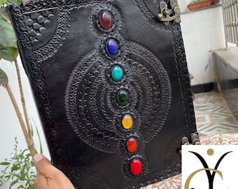 Handbound Black Leather Journal Spell Book Of Shadow Journal Personalized Leather Seven Stone Journal Leather Grimoire Lined/Unlined Paper