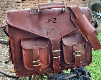 Personalized Leather Messenger Bag, Laptop Briefcase, Work Satchel