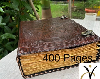 Handmade Leather Journal: Pentagram Witch Book of Shadows, 400 Vintage Pages