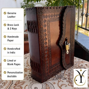 May include: A dark brown leather journal featuring intricate embossed geometric and floral patterns along the edges. The journal is secured with a brass lock and includes two keys. Text on the left lists features: Genuine Leather, Brass Lock & 2 Keys, Handmade Paper, Handcrafted in India, Lined or Blank Pages, and Personalization Available.