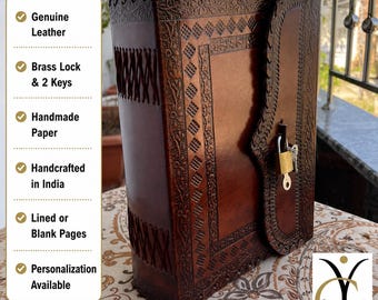 May include: A dark brown leather journal featuring intricate embossed geometric and floral patterns along the edges. The journal is secured with a brass lock and includes two keys. Text on the left lists features: Genuine Leather, Brass Lock & 2 Keys, Handmade Paper, Handcrafted in India, Lined or Blank Pages, and Personalisation Available.
