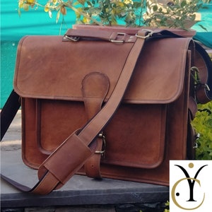 Handmade Leather Laptop Briefcase: Business Handbag with Strap