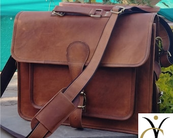 Handmade Leather Laptop Briefcase: Business Handbag with Strap