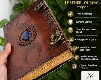 Personalized Handmade Leather Journal Triple Moon Grimoire Notebook Vintage Antique Pagan Witchcraft Gift