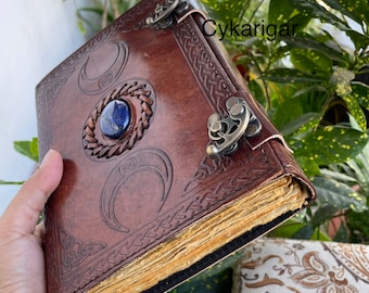Gepersonaliseerde leren dagboek, Triple Moon-notitieboekje, vintage papier