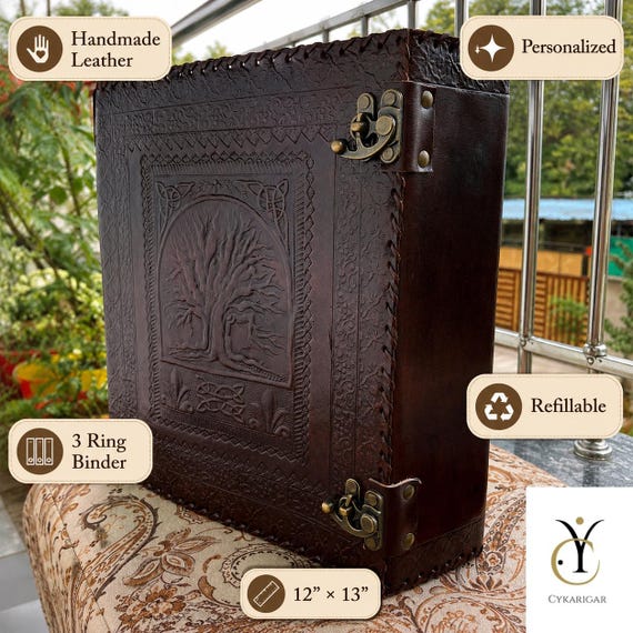 Personalized Leather 3 Ring Binder Tree of Life Business Portfolio Custom Handmde Gift
