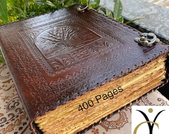 Handmade Leather Journal, 400 Vintage Paper Large Leather Journal, Tree Of Life, Witch Journal For Sketching & Writing, Book Of Shadows