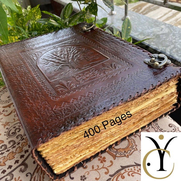 Handmade Leather Journal, 400 Vintage Paper Large Leather Journal, Tree Of Life, Witch Journal For Sketching & Writing, Book Of Shadows