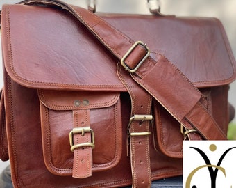 Personalized Leather Messenger Bag, Distressed Laptop Briefcase, Handmade