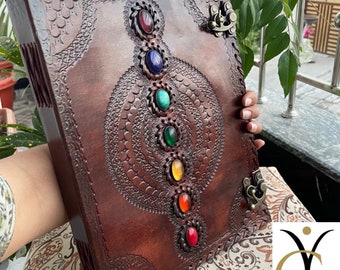 Handmade Seven Stone Chakra Leather Journal, Embossed Grimoire