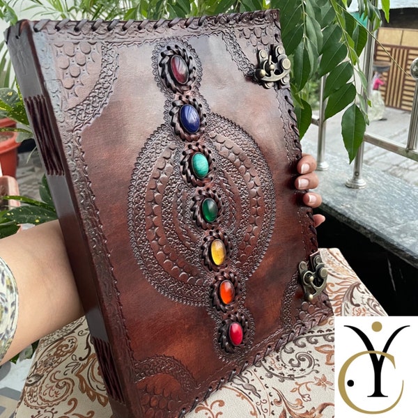 Handmade Seven Stone Chakra Leather Journal, Embossed Grimoire