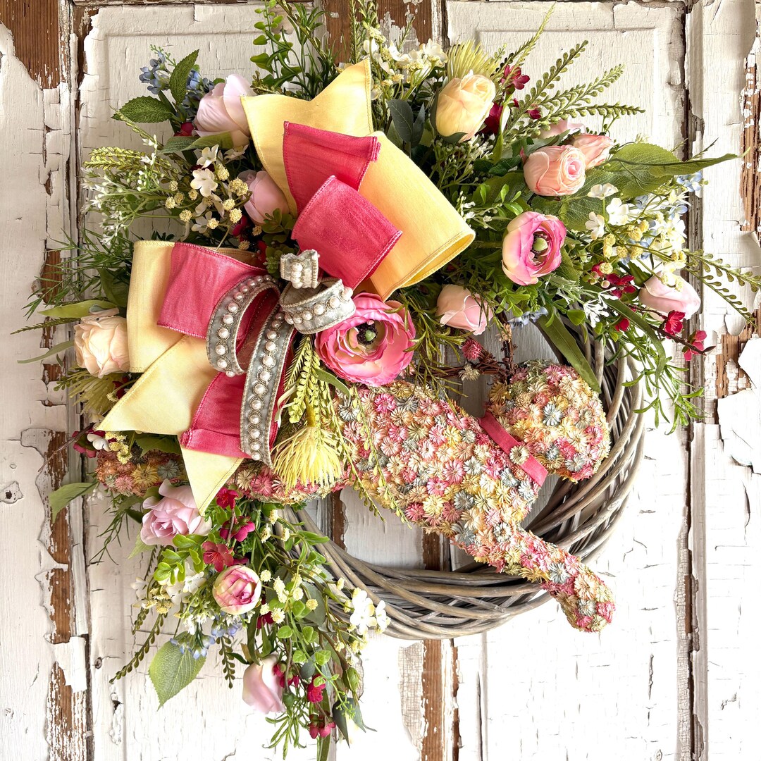 Spring and Easter Bunny Wreath With Pastel Florals, Springtime Front ...