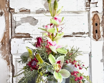 artificial orchid arrangement, floral centerpiece, table arrangement, pink green arrangement, home decor, table decor, floral arrangement
