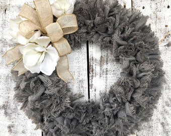 Burlap farmhouse wreath with magnolias, burlap wreath for indoors, gray burlap farmhouse wreath, Mothers Day gift, burlap ruffle wreath