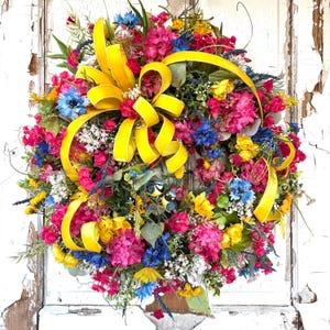 Summer wreath front door, Colorful summer wreath, round floral wreath, spring wreath, pink yellow blue white floral wreath, large wreath