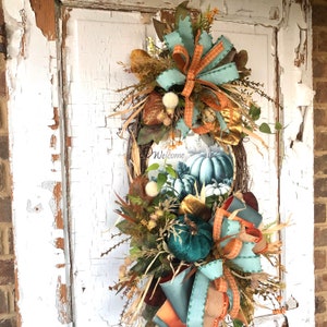 Fall pumpkin wreath, fall front door wreath, pumpkin wreath with sign, fall door decor, wreath with teal pumpkin, fall welcome wreath