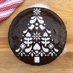 Scandinavian Folk Art Christmas Tree cake stencil, Dutch Folk Art, Christmas Tree Stencil, Hostess Gift, Baking Gift, Holiday Cake Stencil image 1