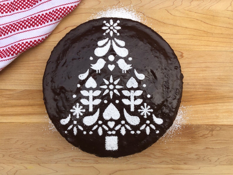 Scandinavian Folk Art Christmas Tree cake stencil, Dutch Folk Art, Christmas Tree Stencil, Hostess Gift, Baking Gift, Holiday Cake Stencil image 1