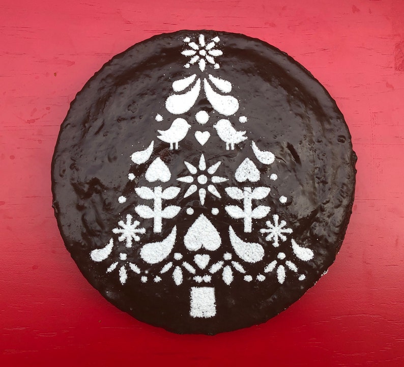 Scandinavian Folk Art Christmas Tree cake stencil, Dutch Folk Art, Christmas Tree Stencil, Hostess Gift, Baking Gift, Holiday Cake Stencil image 3