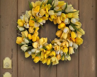 Corona de tulipanes amarillos | Decoración de puerta de primavera estilo granja | Corona para puerta de entrada | Verano | Decoración del hogar