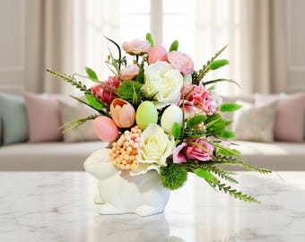 Easter Floral Centerpiece \ Ceramic Bunny Decor \ Easter Table Decor \ Home Decor \ Floral Arrangement \ Easter \ Centerpiece \