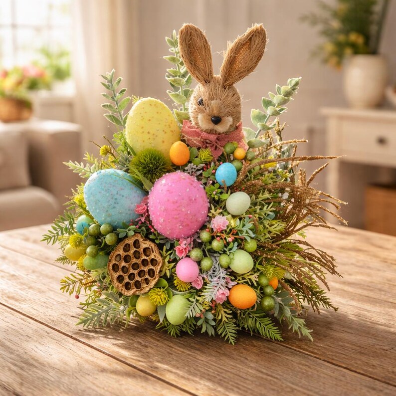 May include: An Easter centrepiece with a brown bunny and long ears, surrounded by speckled eggs in yellow, blue, and pink. The arrangement includes green foliage, small berries, and decorative accents, creating a festive spring display.