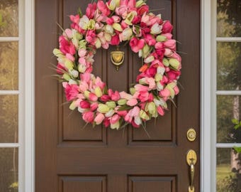 Corona de tulipanes de primavera\ Decoración para puerta de entrada \ Corona floral rosa \ Corona de tulipanes \ Corona de Pascua \ Decoración para el Día de la Madre \ Decoración rústica \ Corona de primavera