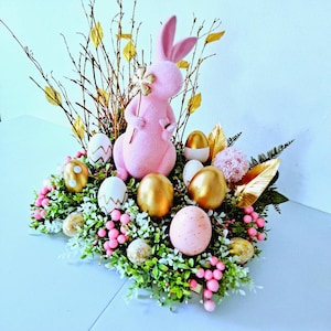 Easter Gift Idea, Home Decor, Easter Table Decor, Easter Centerpiece with Pink Moss Bunny,  Easter Celebrations Decor, Gold Eggs Arrangement