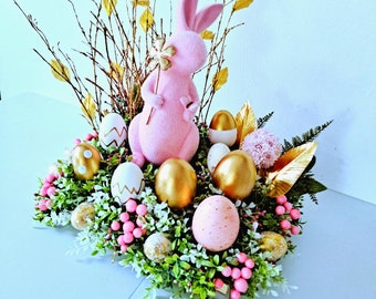 Pink Moss Bunny Easter Centerpiece with Golden Eggs \ Unique Easter Arrangement \ Home Decor \ Table Decorations \ Easter Table