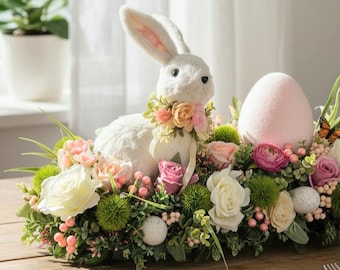 XL Easter Centerpiece with Bunny – Spring Floral Decor  Easter Bunny Arrangement – Spring Table Centerpiece Decor