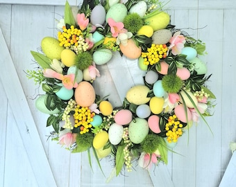 Corona de Pascua \ Decoración de primavera para la puerta \ Arreglos florales de Pascua \ Corona para la puerta principal \ Decoración de primavera en tonos pastel \ Decoración de Pascua \ Decoración del hogar \ Estilo veraniego