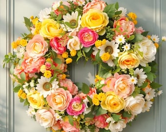 Corona floral pastel \ Primavera \ Pascua \ Decoración de granja \ Corona para puerta de entrada \ Corona de verano \ Corona de Pascua para puerta de entrada \ Decoración de puerta de primavera