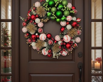 Christmas Wreath | Red Green Gold Christmas Wreath | Holiday Door Decor | Front Door Decoration | Holiday Decor | Christmas Gift Idea