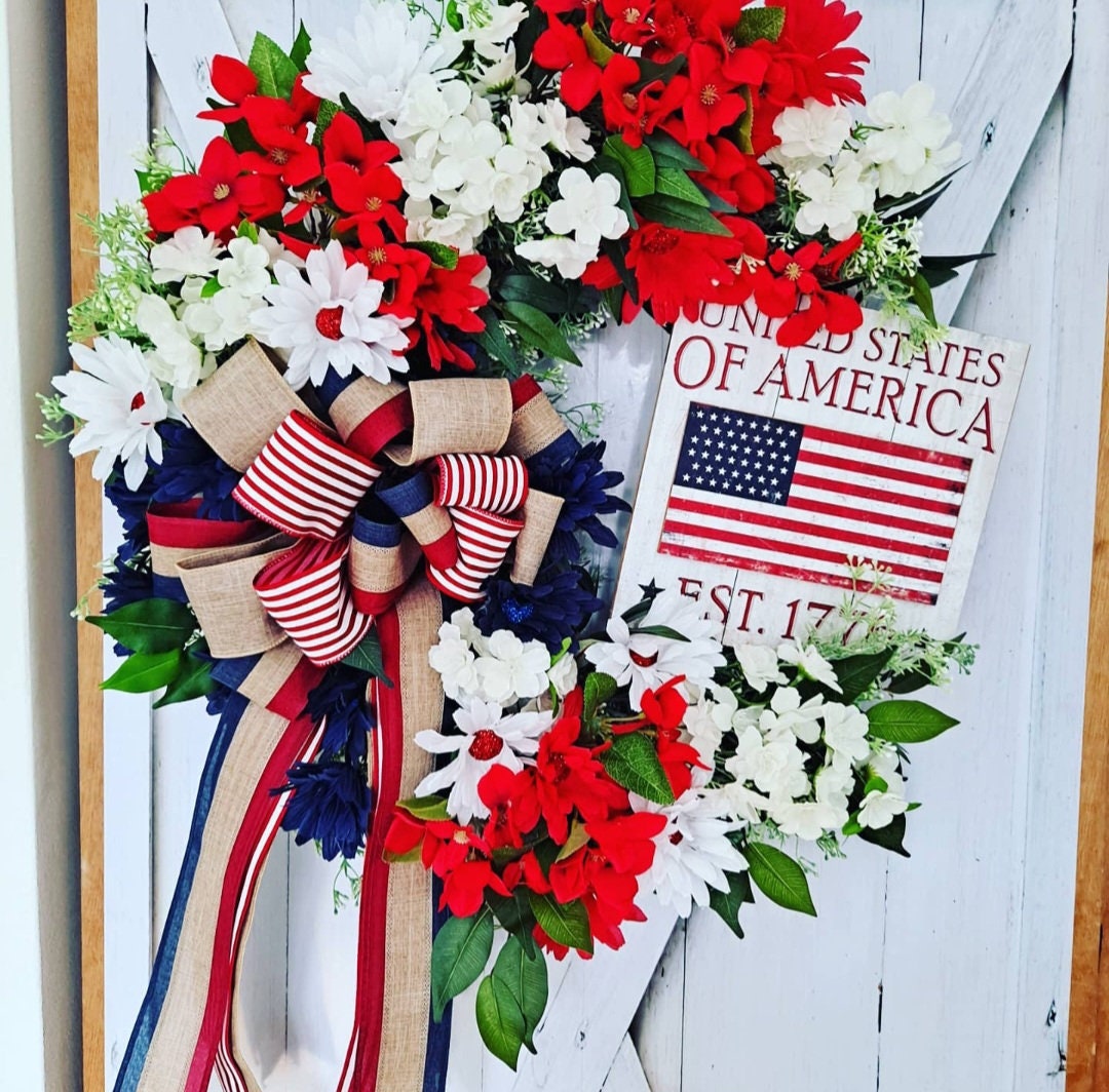 Patriotic Floral Wreath | American Flag, 4th of July Door Decor - Etsy