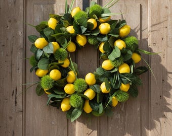 Corona de limón \ Decoración de puerta de granja \ Corona de cítricos \ Decoración de puerta de entrada \ Corona de verano \ Decoración del hogar \ Corona de limones para puerta \ Decoración de pared de cocina